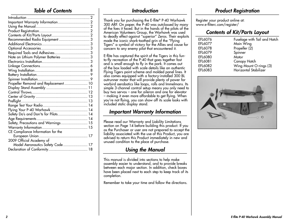 E-flite P-40 Warhawk 300 ARF User Manual | Page 2 / 20