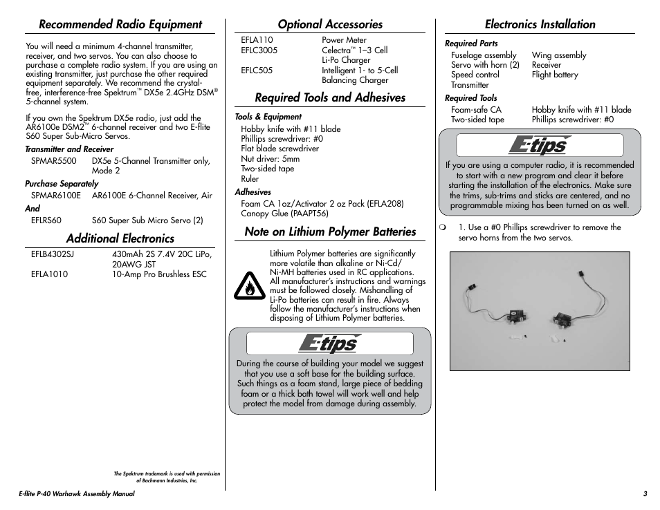 Recommended radio equipment, Additional electronics, Optional accessories | Required tools and adhesives, Note on lithium polymer batteries, Electronics installation | E-flite P-40 Warhawk 300 ARF User Manual | Page 3 / 20