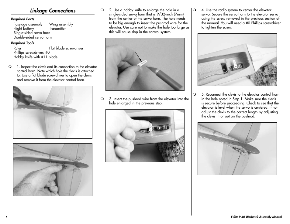 Linkage connections | E-flite P-40 Warhawk 300 ARF User Manual | Page 6 / 20