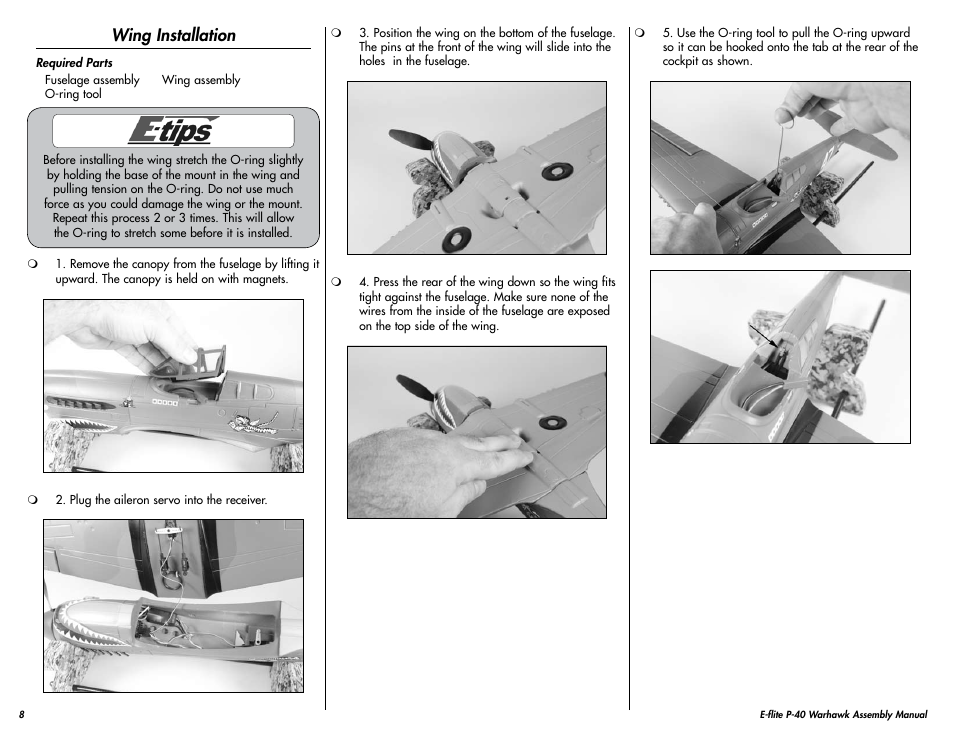 Wing installation | E-flite P-40 Warhawk 300 ARF User Manual | Page 8 / 20