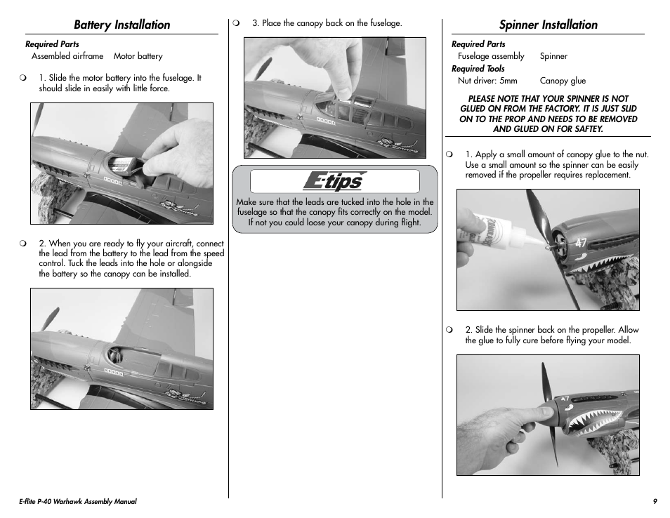 Battery installation, Spinner installation | E-flite P-40 Warhawk 300 ARF User Manual | Page 9 / 20