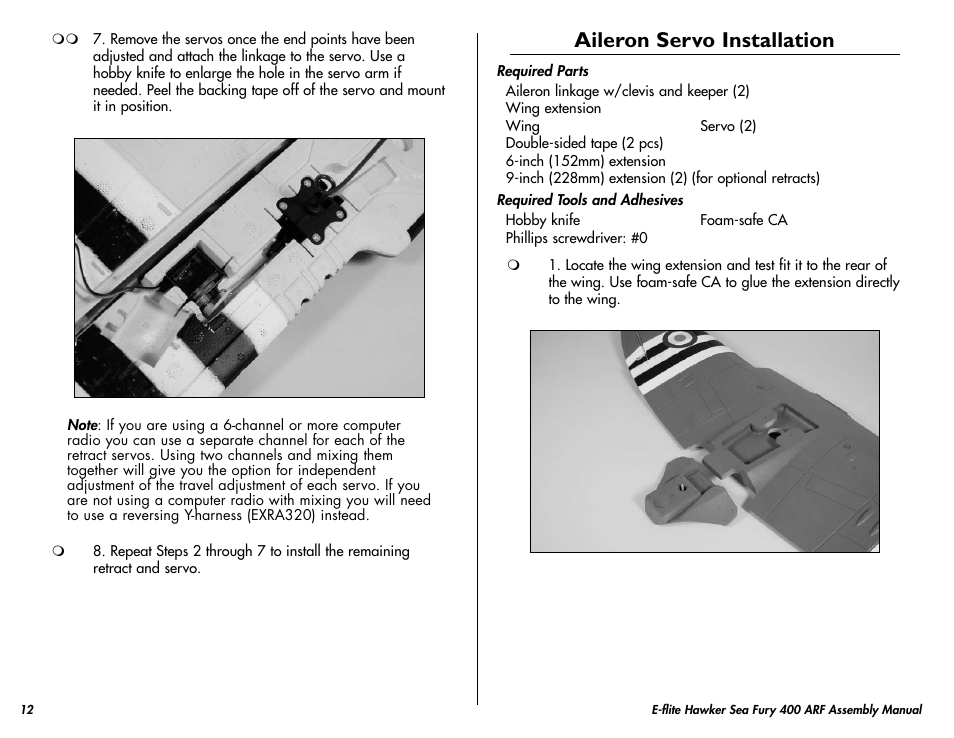 Aileron servo installation | E-flite Hawker Sea Fury 400 ARF User Manual | Page 12 / 40