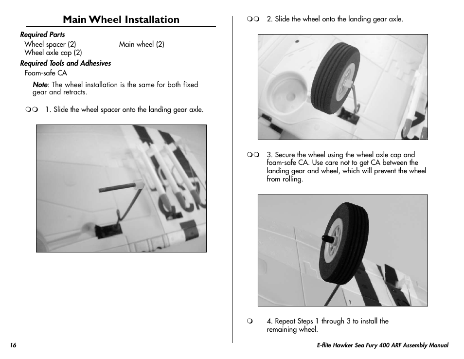 Main wheel installation | E-flite Hawker Sea Fury 400 ARF User Manual | Page 16 / 40