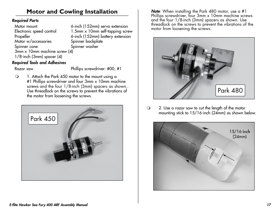 Motor and cowling installation, Park 450, Park 480 | E-flite Hawker Sea Fury 400 ARF User Manual | Page 17 / 40