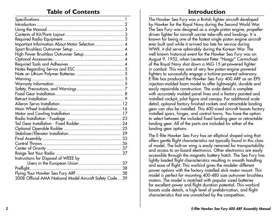 E-flite Hawker Sea Fury 400 ARF User Manual | Page 2 / 40