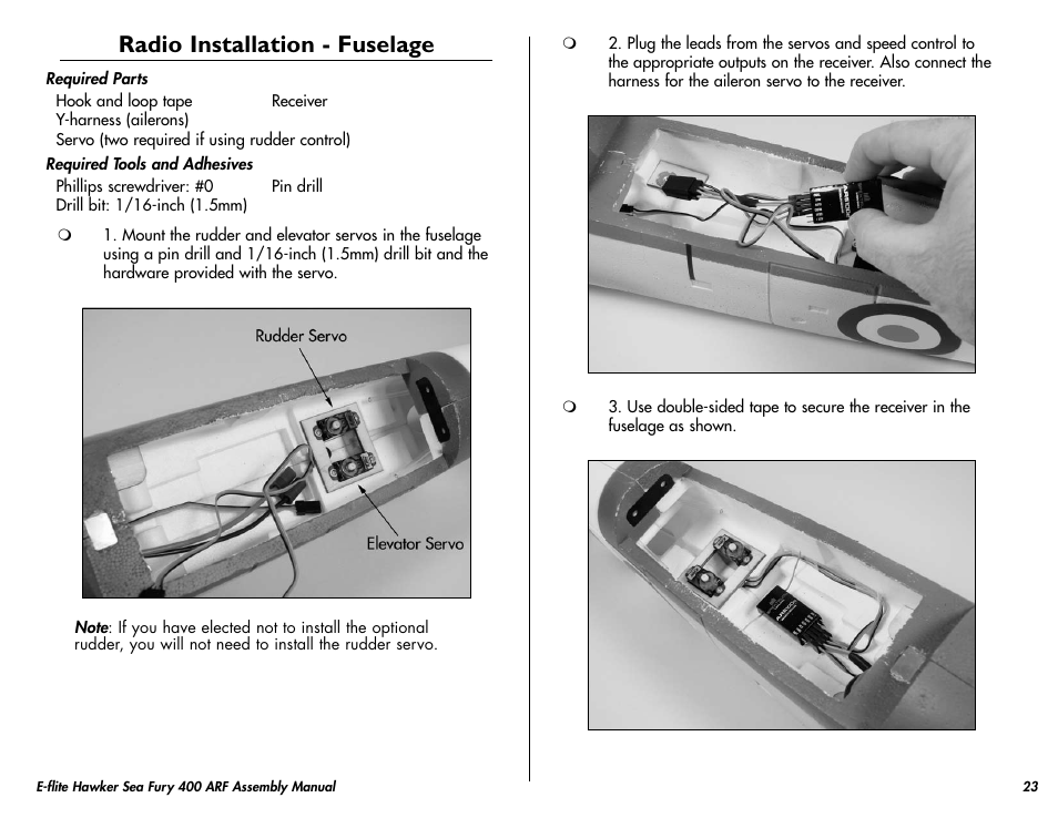 Radio installation - fuselage | E-flite Hawker Sea Fury 400 ARF User Manual | Page 23 / 40