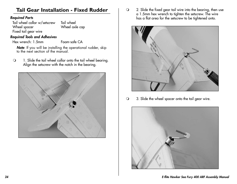Tail gear installation - fixed rudder | E-flite Hawker Sea Fury 400 ARF User Manual | Page 24 / 40