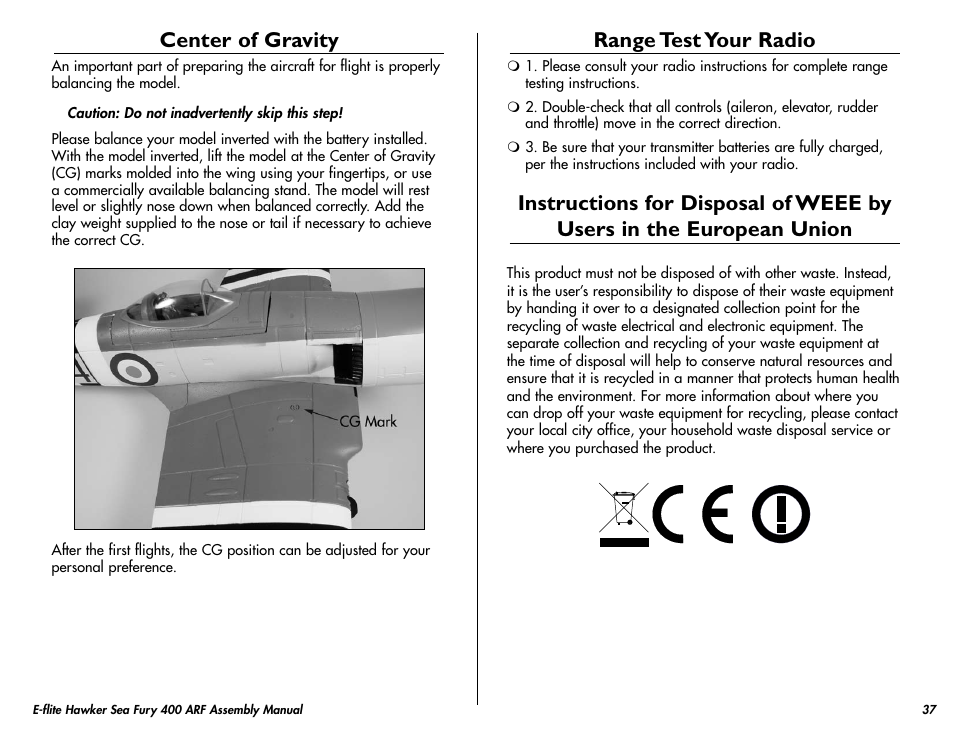Center of gravity, Range test your radio | E-flite Hawker Sea Fury 400 ARF User Manual | Page 37 / 40