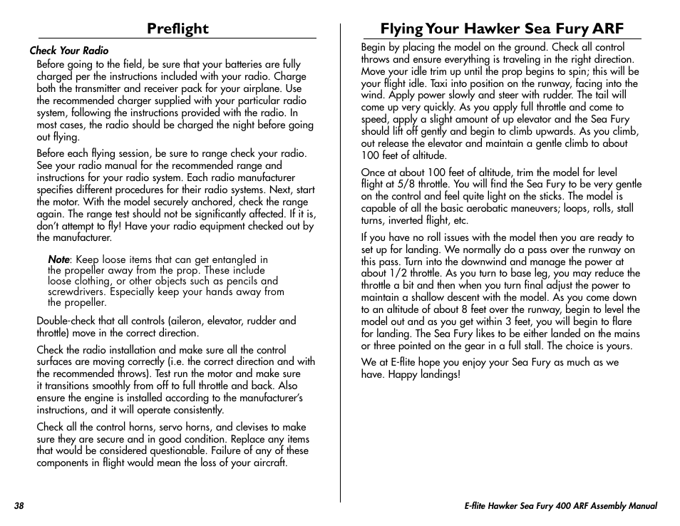 Preflight, Flying your hawker sea fury arf | E-flite Hawker Sea Fury 400 ARF User Manual | Page 38 / 40