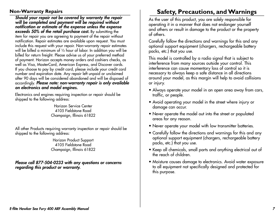 Safety, precautions, and warnings | E-flite Hawker Sea Fury 400 ARF User Manual | Page 7 / 40