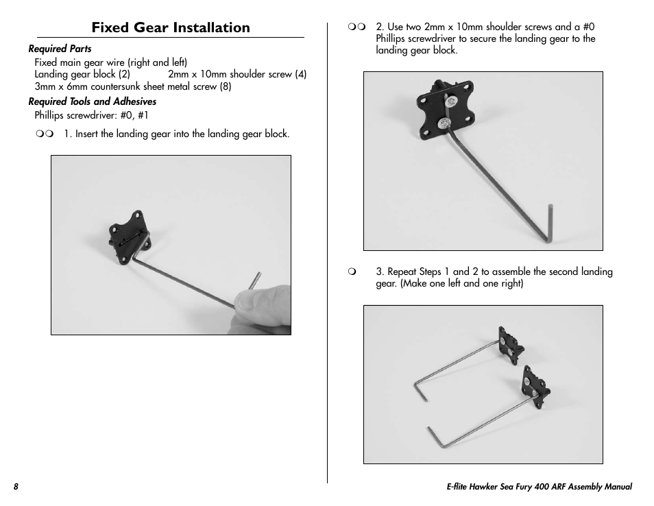 Fixed gear installation | E-flite Hawker Sea Fury 400 ARF User Manual | Page 8 / 40