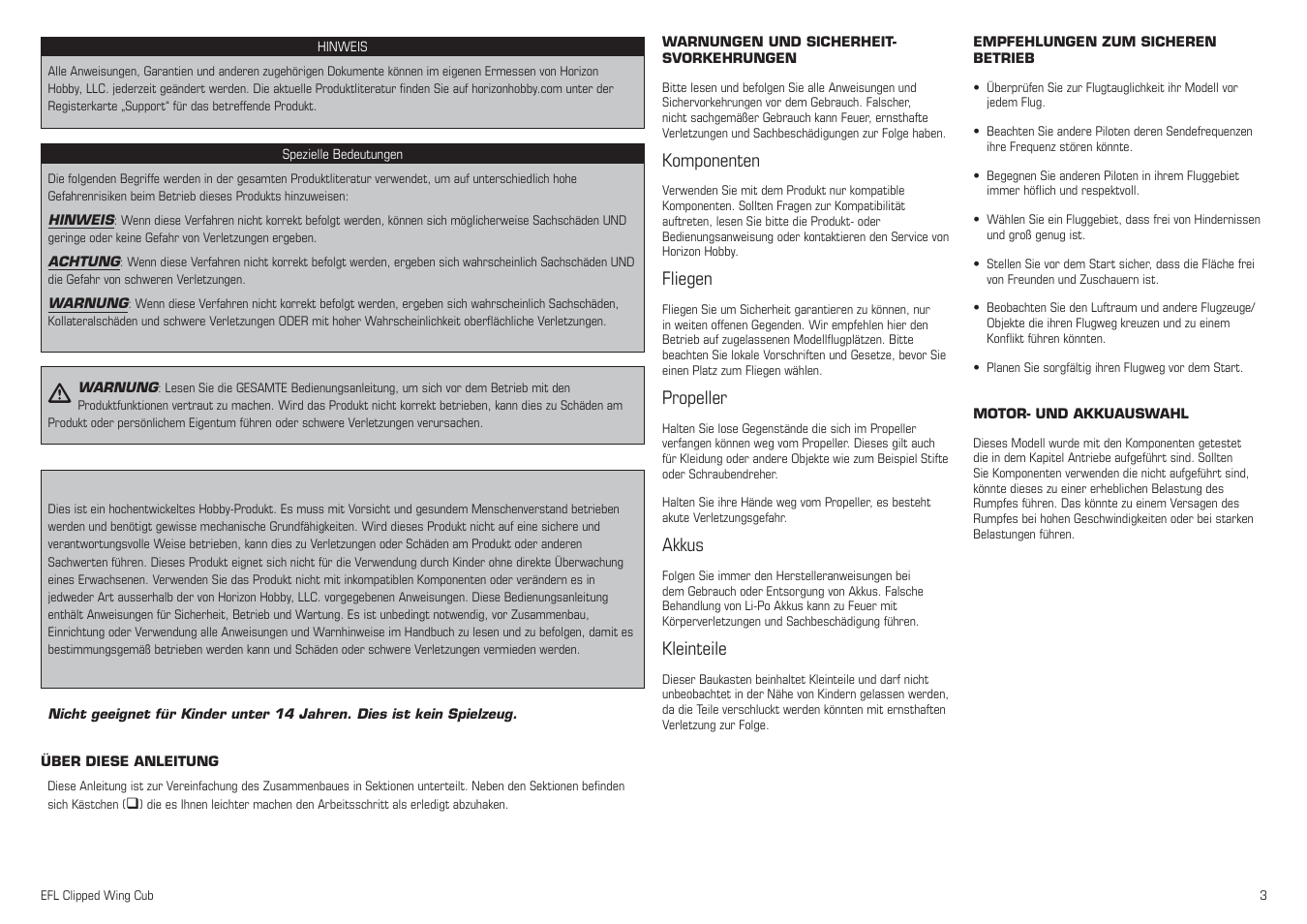 Komponenten, Fliegen, Propeller | Akkus, Kleinteile | E-flite Clipped Wing Cub 250 ARF User Manual | Page 3 / 40