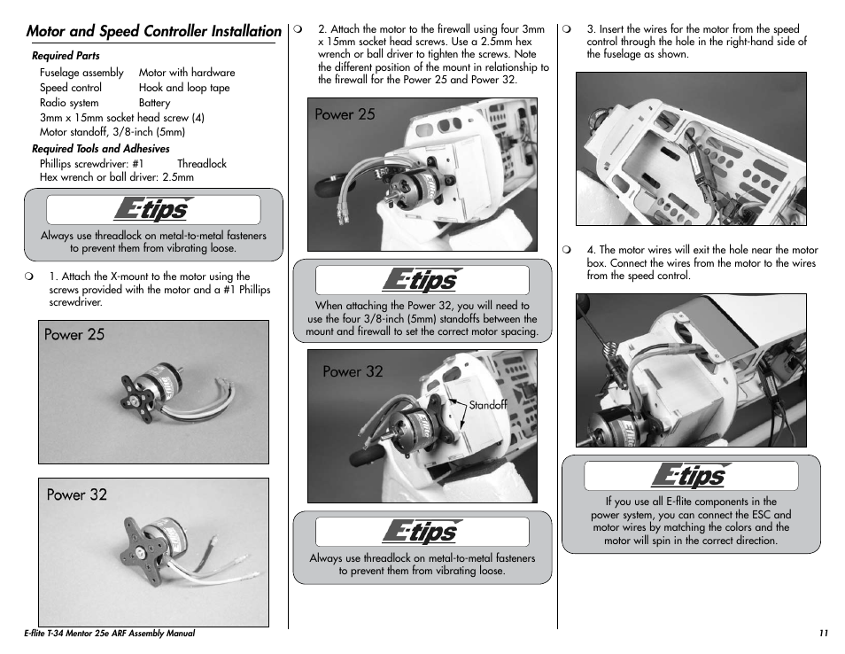 Motor and speed controller installation | E-flite T-34 Mentor 25e ARF User Manual | Page 11 / 28