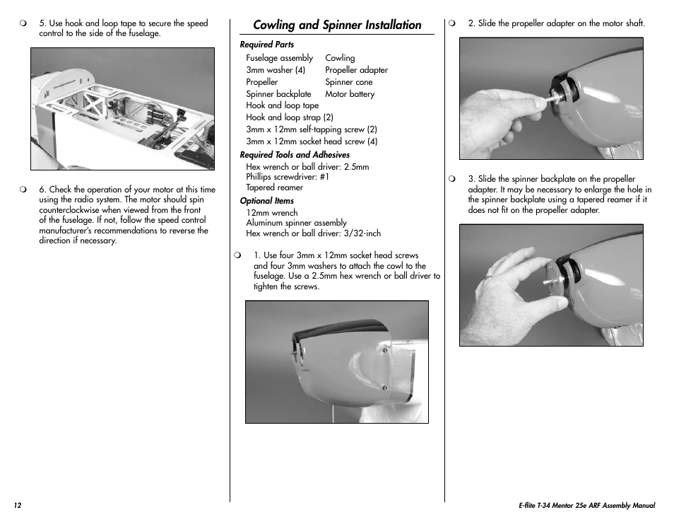 Cowling and spinner installation | E-flite T-34 Mentor 25e ARF User Manual | Page 12 / 28