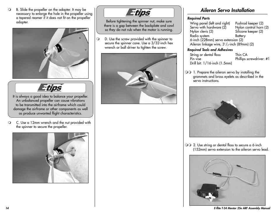 Aileron servo installation | E-flite T-34 Mentor 25e ARF User Manual | Page 14 / 28