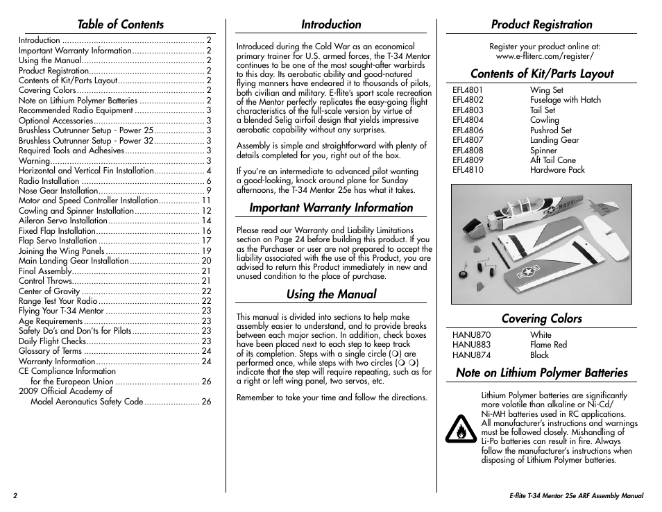 E-flite T-34 Mentor 25e ARF User Manual | Page 2 / 28