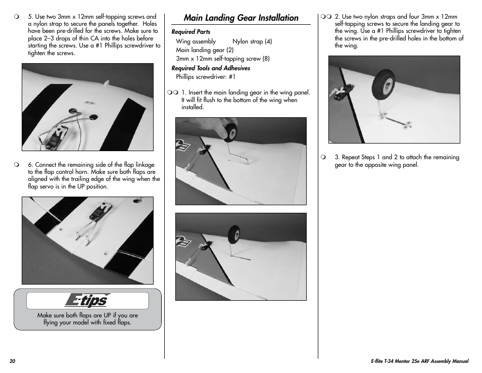 Main landing gear installation | E-flite T-34 Mentor 25e ARF User Manual | Page 20 / 28