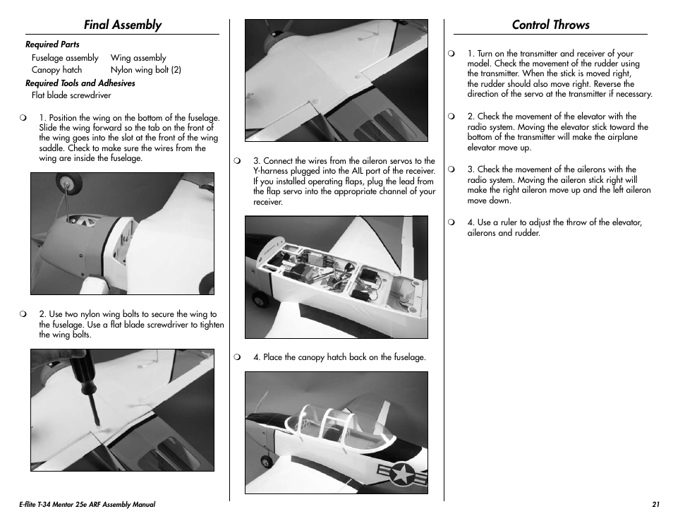 Final assembly, Control throws | E-flite T-34 Mentor 25e ARF User Manual | Page 21 / 28