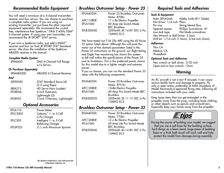 Recommended radio equipment, Optional accessories, Brushless outrunner setup - power 25 | Brushless outrunner setup - power 32, Required tools and adhesives, Warning | E-flite T-34 Mentor 25e ARF User Manual | Page 3 / 28