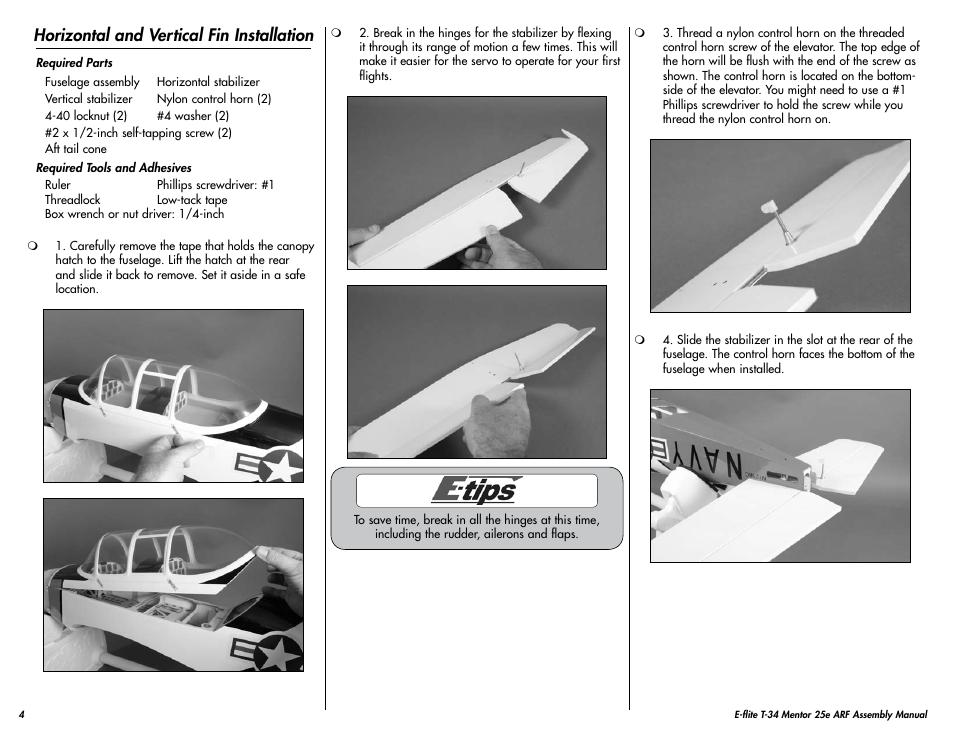 Horizontal and vertical fin installation | E-flite T-34 Mentor 25e ARF User Manual | Page 4 / 28