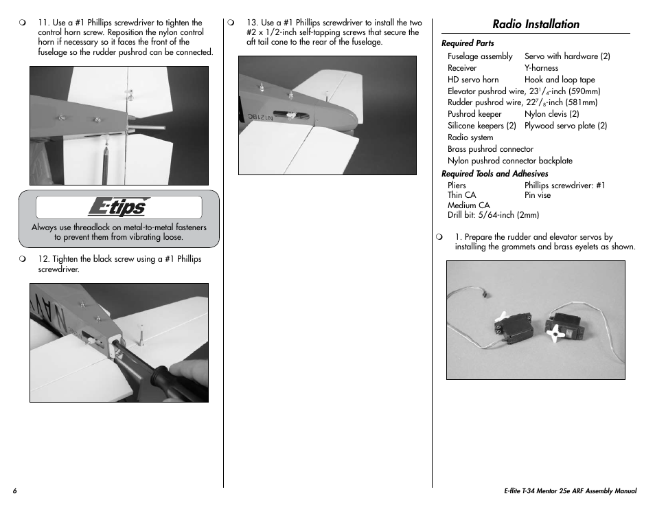 Radio installation | E-flite T-34 Mentor 25e ARF User Manual | Page 6 / 28