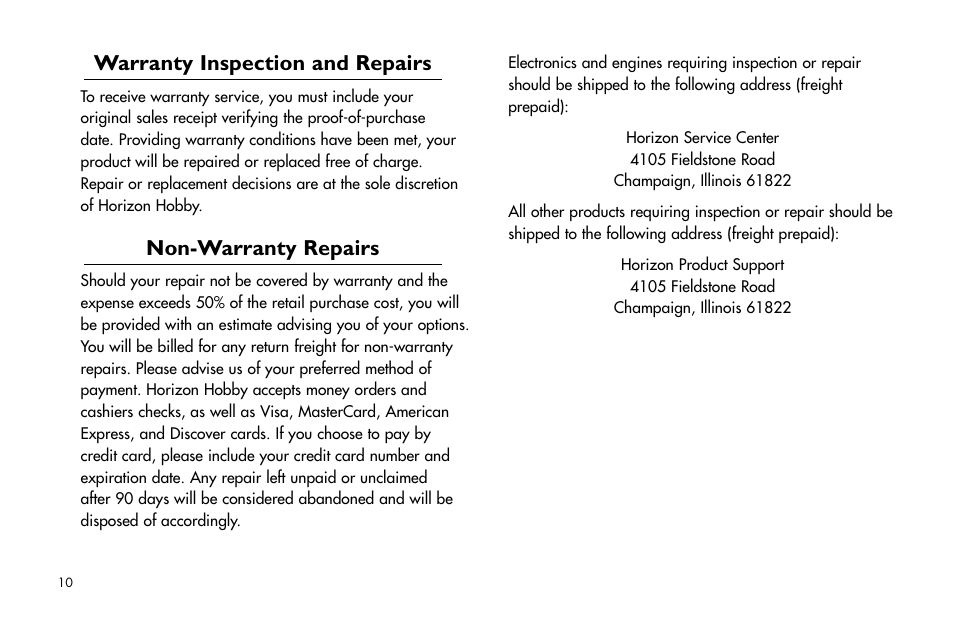 Warranty inspection and repairs, Non-warranty repairs, Warranty.inspection.and.repairs | Non-warranty.repairs | E-flite Ultra Stick 25e ARF User Manual | Page 10 / 40