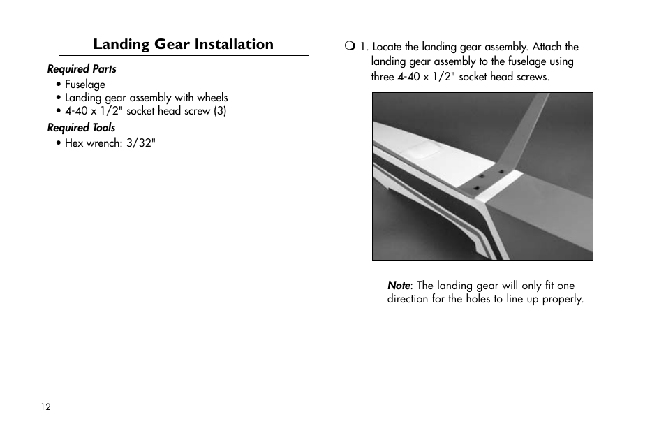 Landing gear installation, Landing.gear.installation | E-flite Ultra Stick 25e ARF User Manual | Page 12 / 40
