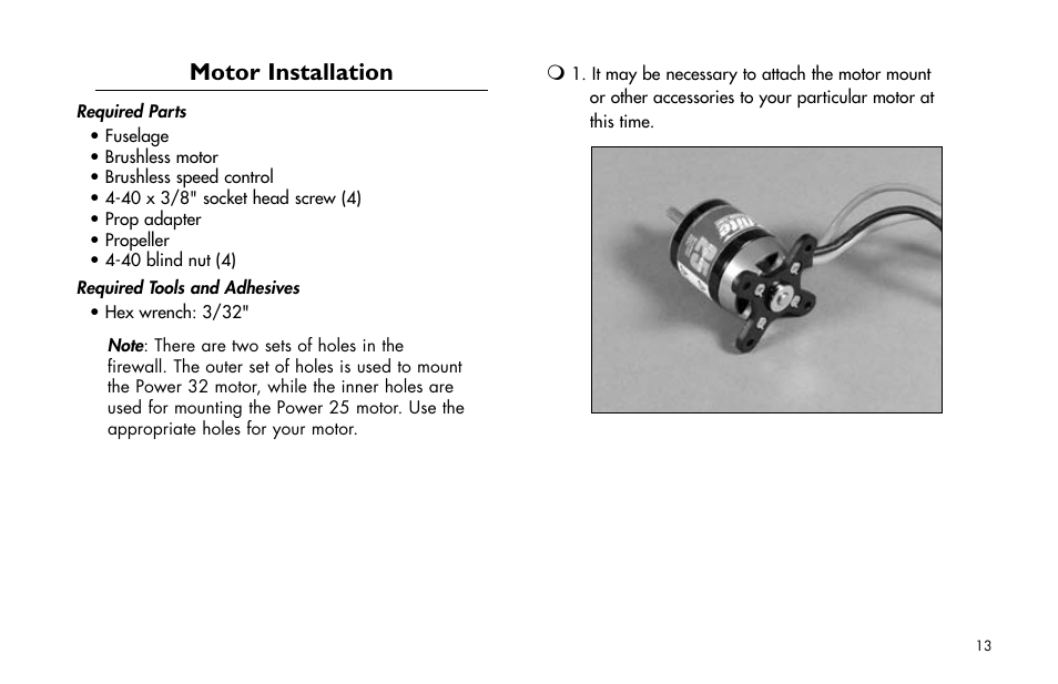 Motor installation, Motor.installation | E-flite Ultra Stick 25e ARF User Manual | Page 13 / 40