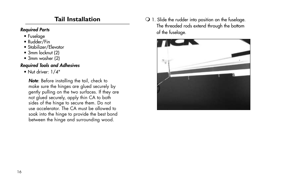 Tail installation, Tail.installation | E-flite Ultra Stick 25e ARF User Manual | Page 16 / 40