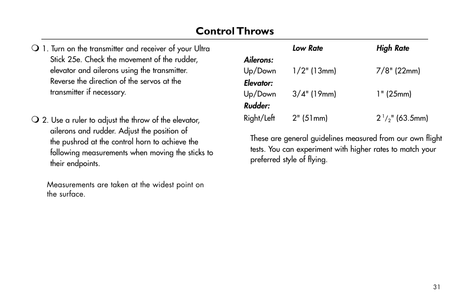 Control throws, Control.throws | E-flite Ultra Stick 25e ARF User Manual | Page 31 / 40