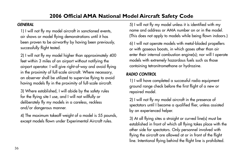 2006.official.ama, National.model.aircraft.safety.code | E-flite Ultra Stick 25e ARF User Manual | Page 36 / 40