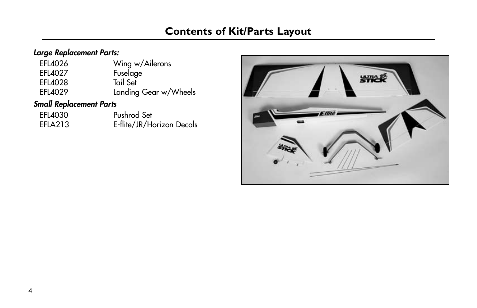 Contents of kit/parts layout, Contents.of.kit/parts.layout | E-flite Ultra Stick 25e ARF User Manual | Page 4 / 40