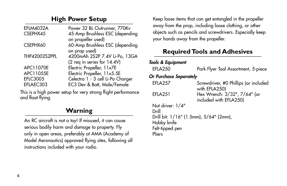 High power setup, Warning, Required tools and adhesives | High.power.setup, Required.tools.and.adhesives | E-flite Ultra Stick 25e ARF User Manual | Page 6 / 40