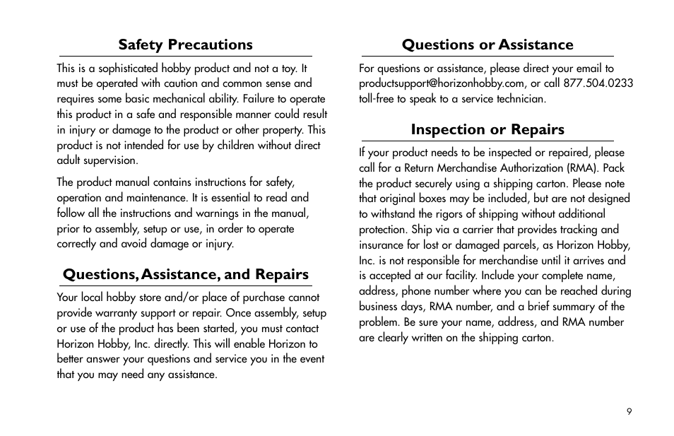 Safety precautions, Questions, assistance, and repairs, Questions or assistance | Inspection or repairs, Safety.precautions, Questions,.assistance,.and.repairs, Questions.or.assistance, Inspection.or.repairs | E-flite Ultra Stick 25e ARF User Manual | Page 9 / 40