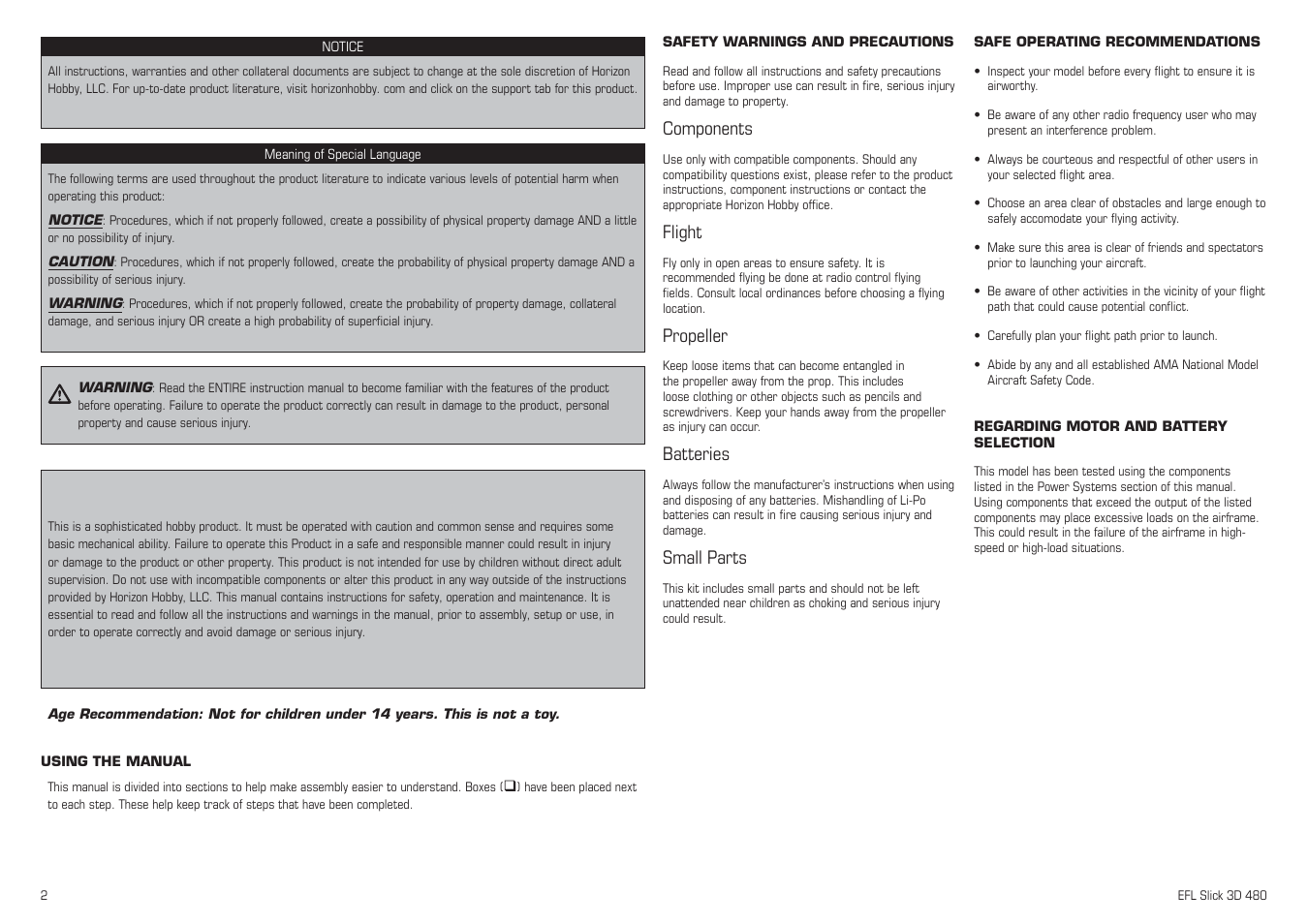 Components, Flight, Propeller | Batteries, Small parts | E-flite Slick 3D 480 ARF User Manual | Page 2 / 48