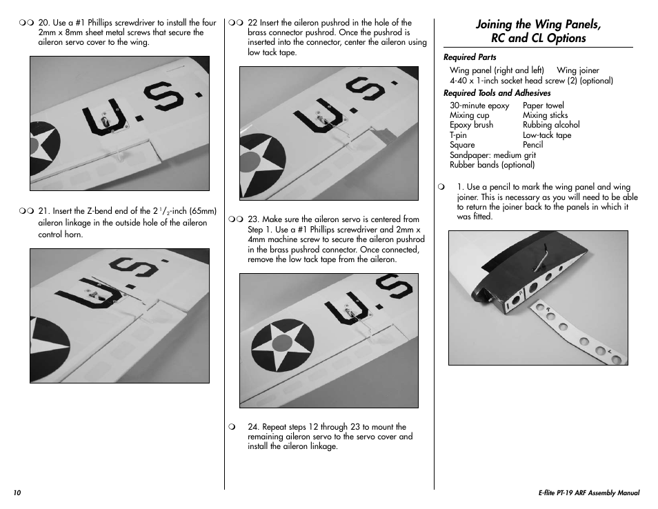 Joining the wing panels, rc and cl options | E-flite PT-19 450 ARF User Manual | Page 10 / 44