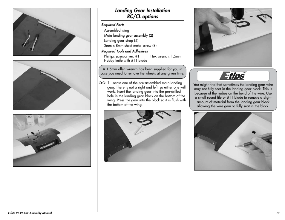 Landing gear installation rc/cl options | E-flite PT-19 450 ARF User Manual | Page 13 / 44