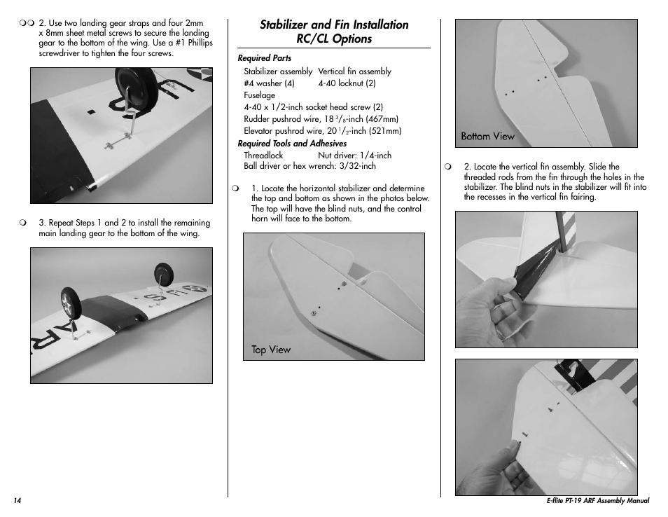 Stabilizer and fin installation rc/cl options | E-flite PT-19 450 ARF User Manual | Page 14 / 44