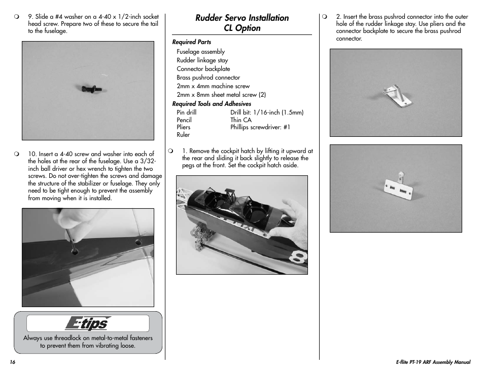 Rudder servo installation cl option | E-flite PT-19 450 ARF User Manual | Page 16 / 44