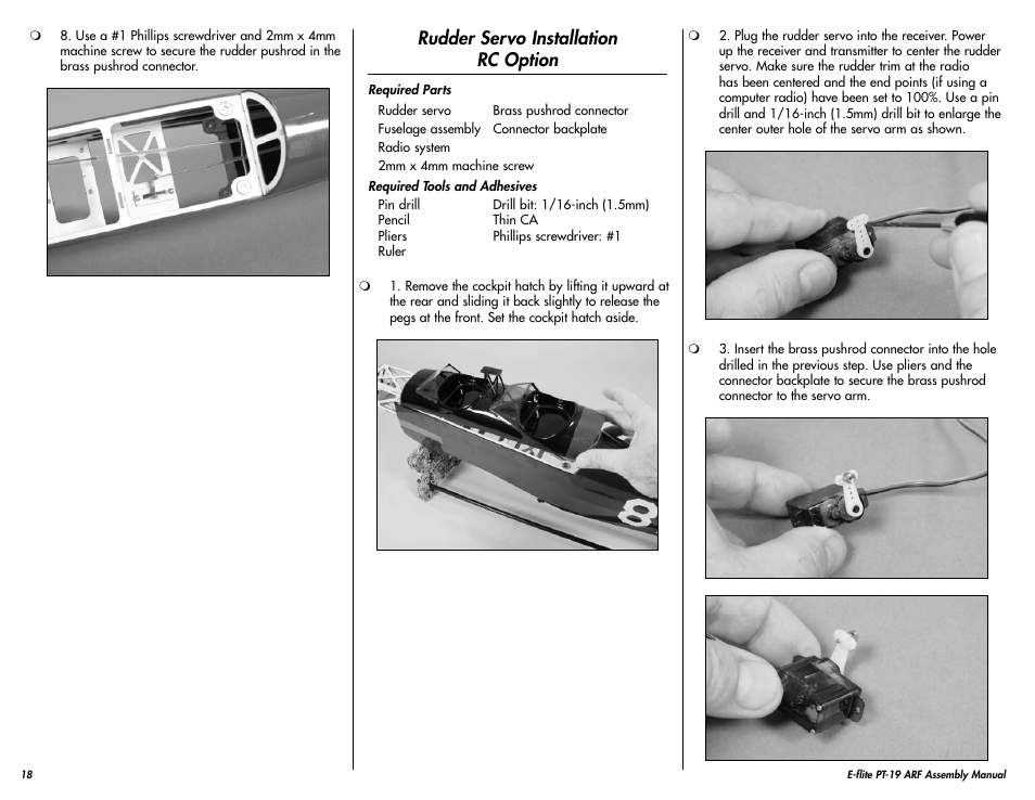 Rudder servo installation rc option | E-flite PT-19 450 ARF User Manual | Page 18 / 44