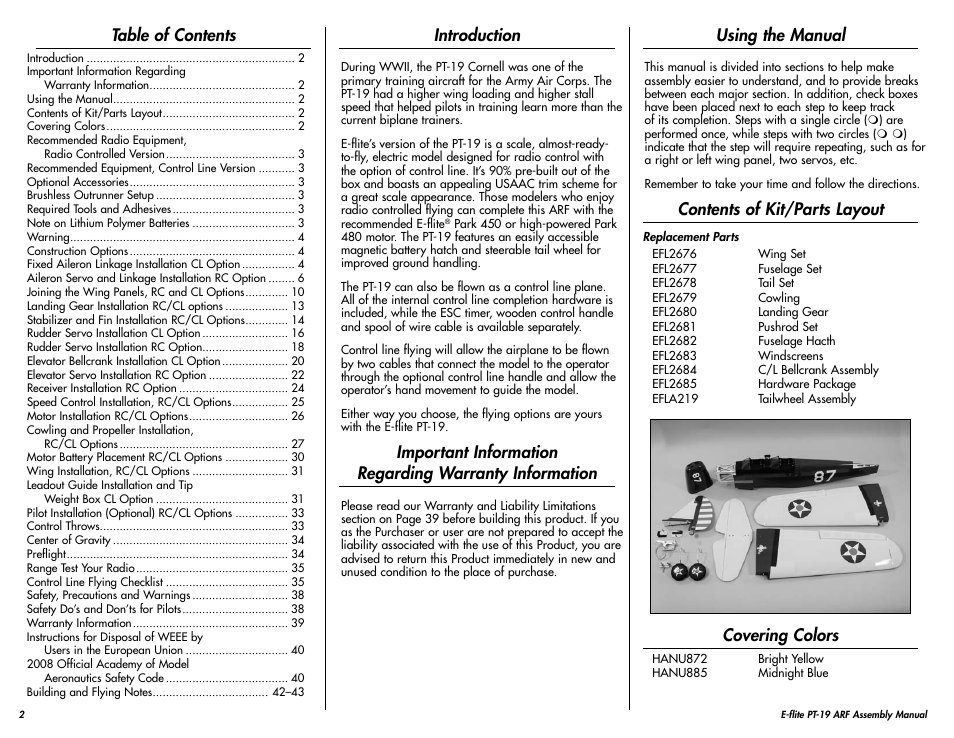 E-flite PT-19 450 ARF User Manual | Page 2 / 44