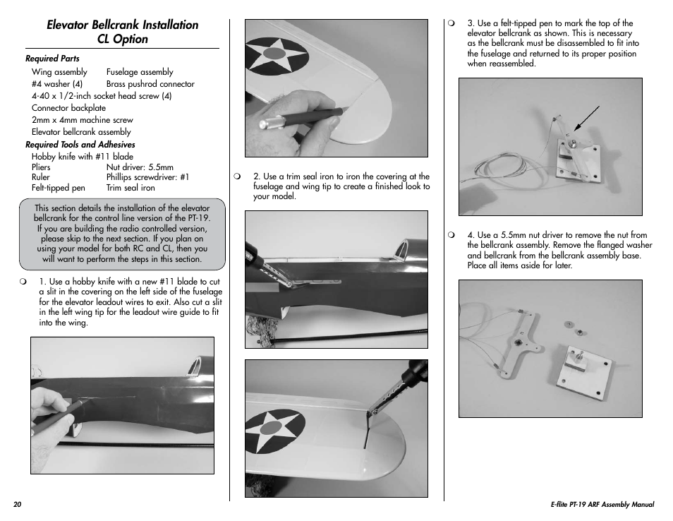 Elevator bellcrank installation cl option | E-flite PT-19 450 ARF User Manual | Page 20 / 44