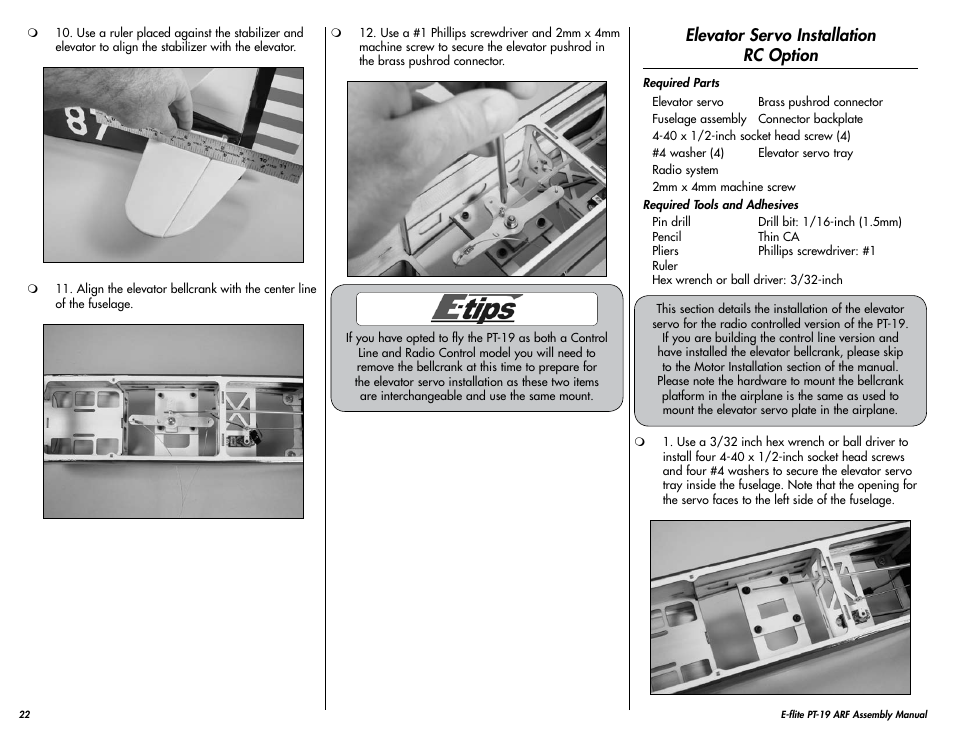 Elevator servo installation rc option | E-flite PT-19 450 ARF User Manual | Page 22 / 44