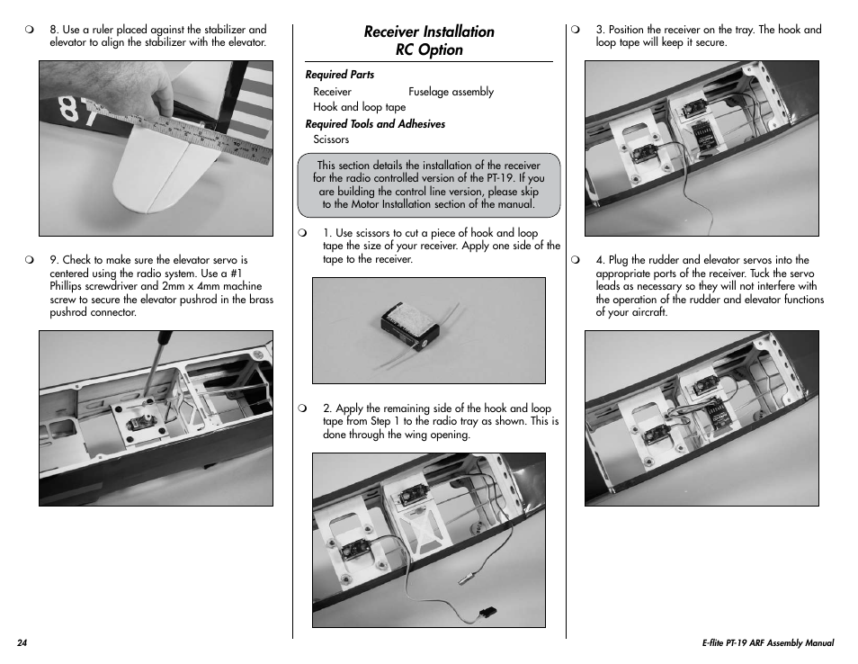 Receiver installation rc option | E-flite PT-19 450 ARF User Manual | Page 24 / 44