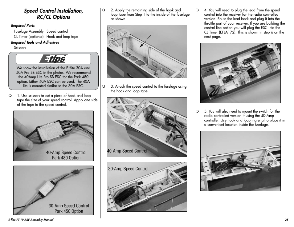 Speed control installation, rc/cl options | E-flite PT-19 450 ARF User Manual | Page 25 / 44