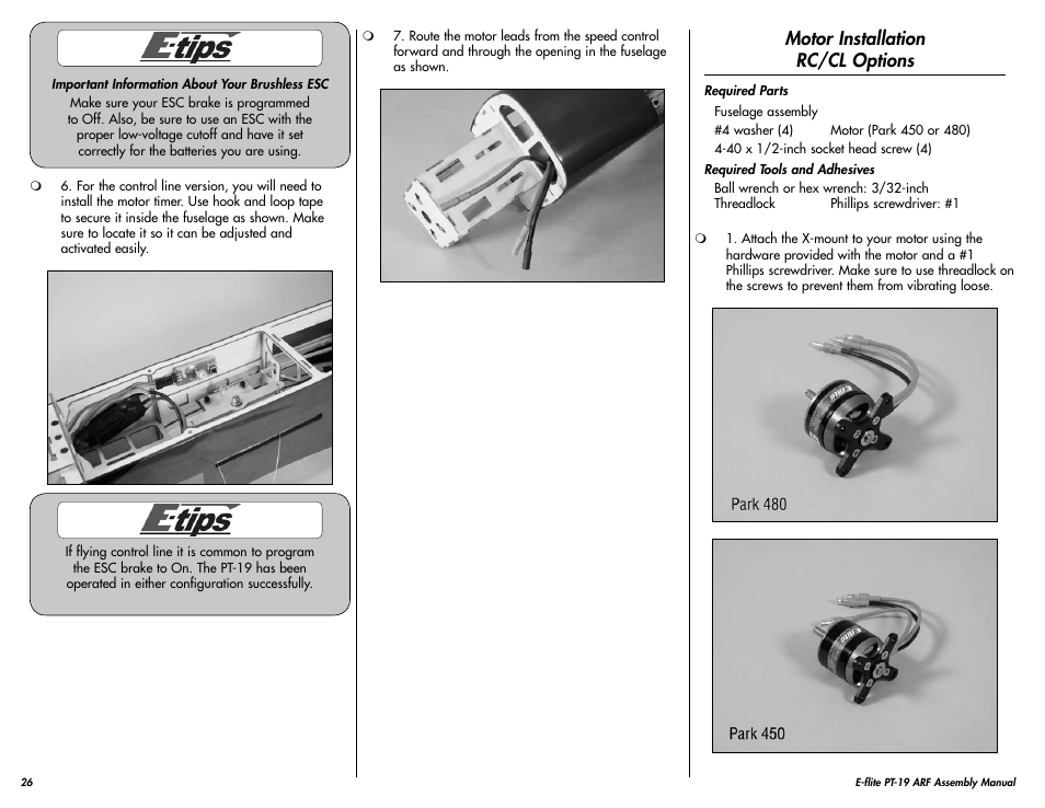 Motor installation rc/cl options | E-flite PT-19 450 ARF User Manual | Page 26 / 44