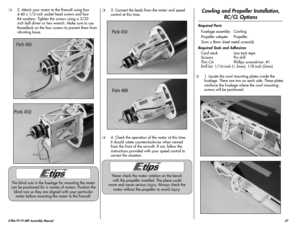 Cowling and propeller installation, rc/cl options | E-flite PT-19 450 ARF User Manual | Page 27 / 44