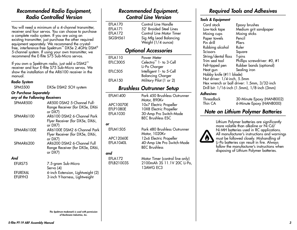 Recommended equipment, control line version, Optional accessories, Brushless outrunner setup | Required tools and adhesives, Note on lithium polymer batteries | E-flite PT-19 450 ARF User Manual | Page 3 / 44