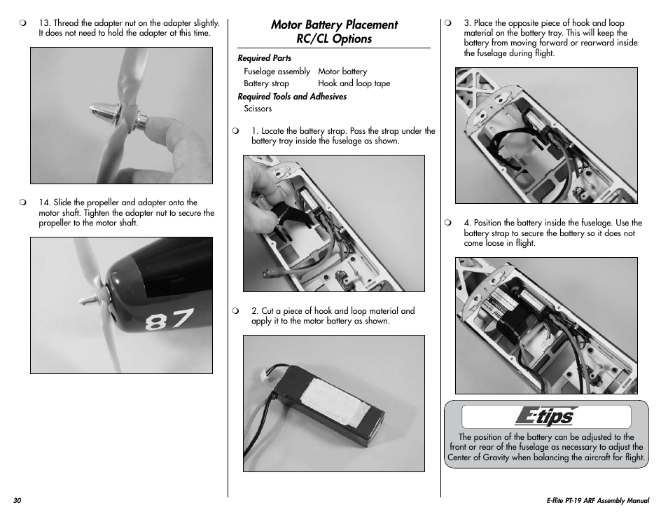 Motor battery placement rc/cl options | E-flite PT-19 450 ARF User Manual | Page 30 / 44