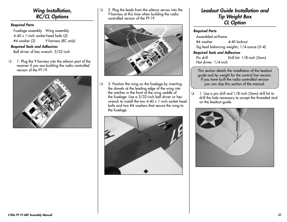 Wing installation, rc/cl options | E-flite PT-19 450 ARF User Manual | Page 31 / 44